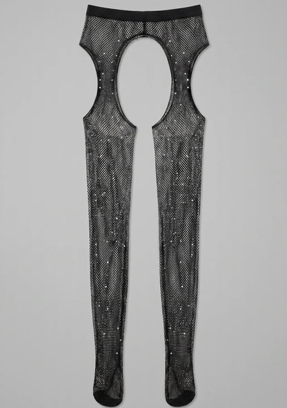 Netzstrümpfe mit Strumpfhalter und Strasssteinen