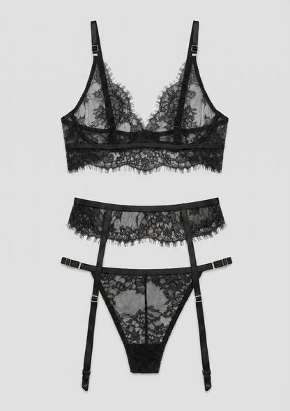 3-teiliges Spitzen-Lingerie-Set mit Oberschenkelbändern