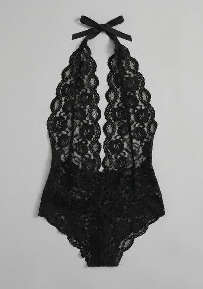 Spitzen-Bodysuit mit tiefem V-Ausschnitt und offenem Rücken
