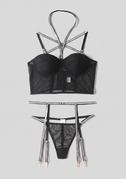 3-teiliges Dessous-Set mit Korsett-Oberteil