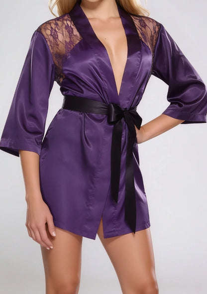 Universeller Satin-Bademantel mit Spitzenbesatz