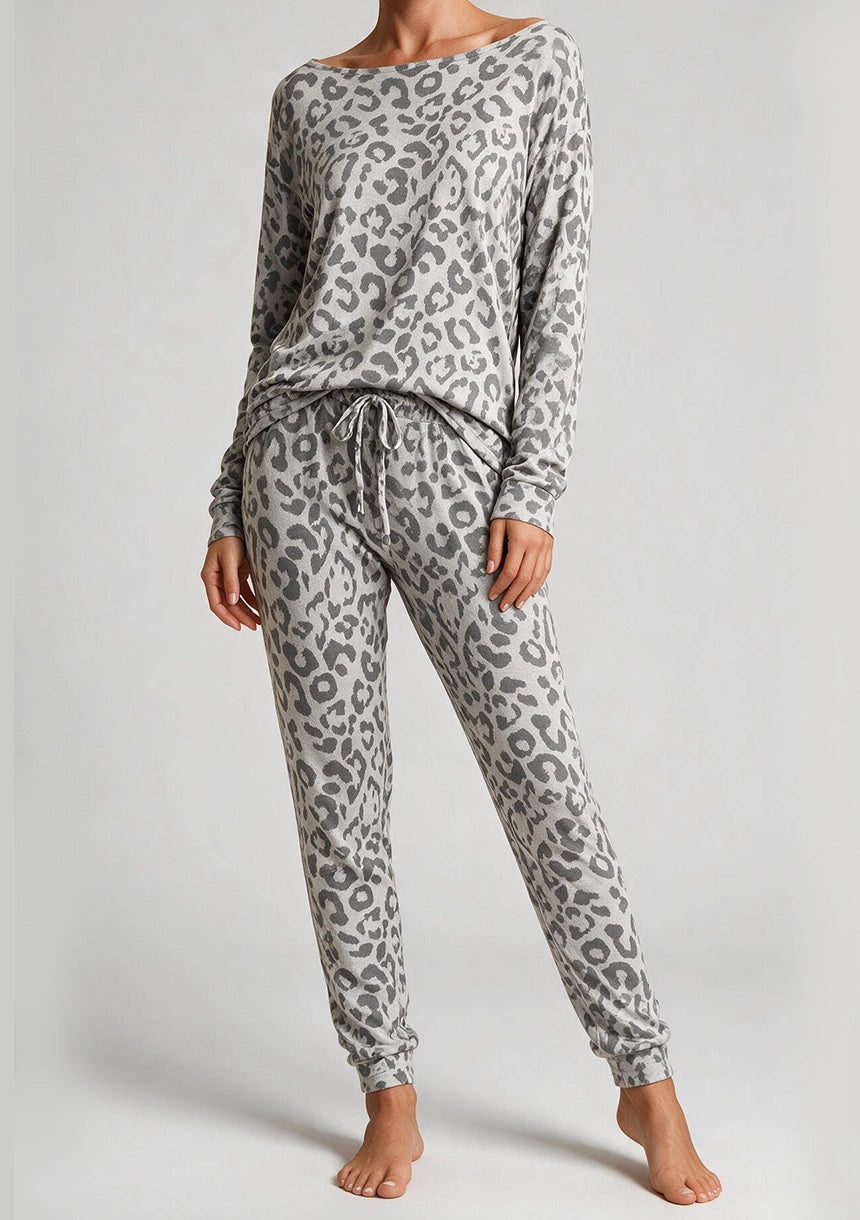 Damen Pyjama mit Leopardenmuster und langen Hosen
