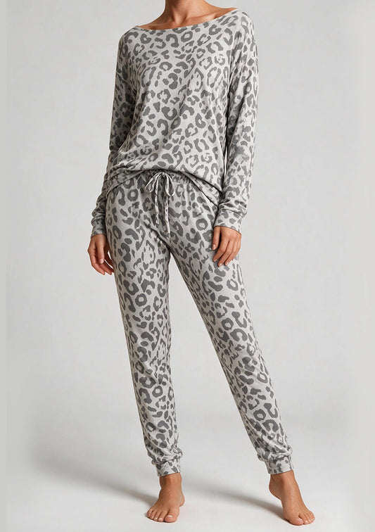 Damen Pyjama mit Leopardenmuster und langen Hosen