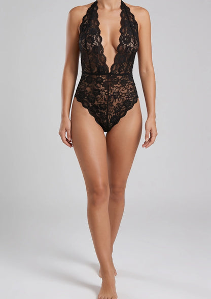 Spitzen-Bodysuit mit tiefem V-Ausschnitt und offenem Rücken