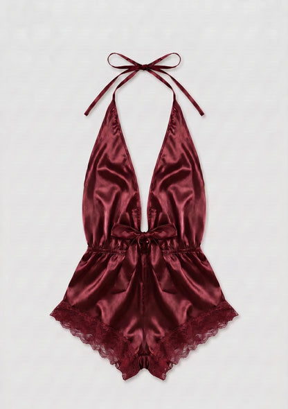 Einteiliger Satin-Pyjama mit offenem Rücken