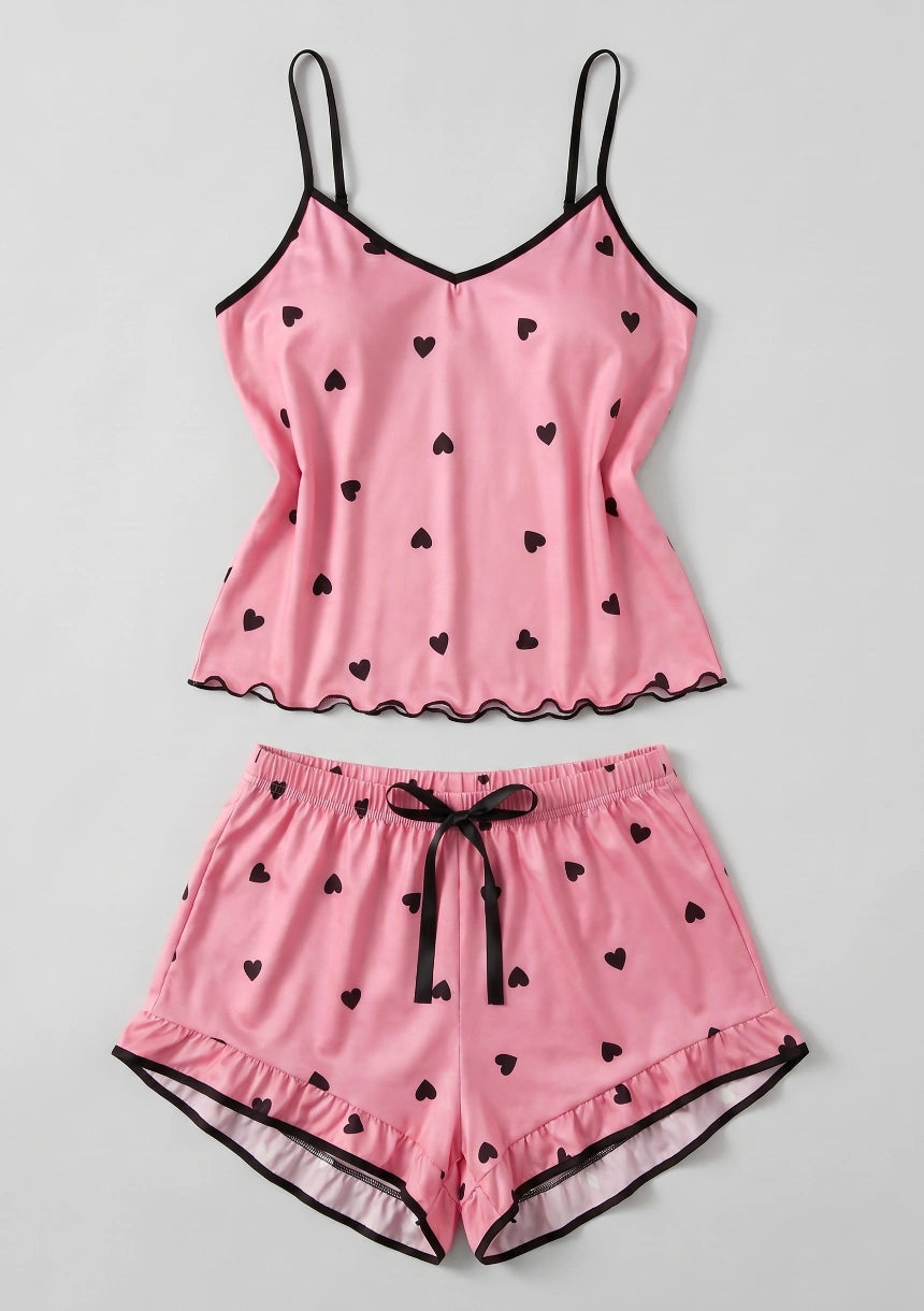 Kurze Damenpyjamas mit Herzmuster