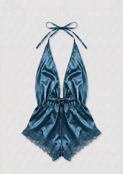 Einteiliger Satin-Pyjama mit offenem Rücken