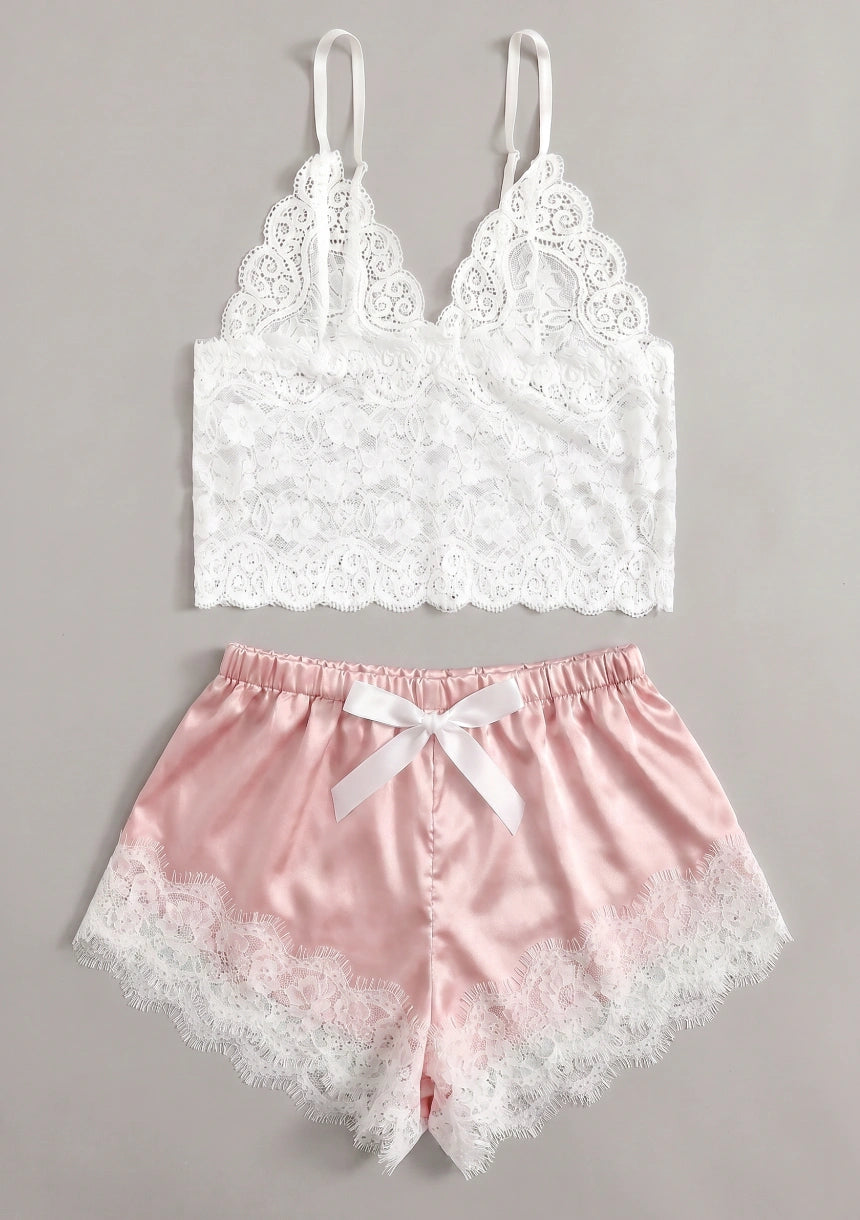 Spitzenbesatz Top und Shorts Pyjama Set