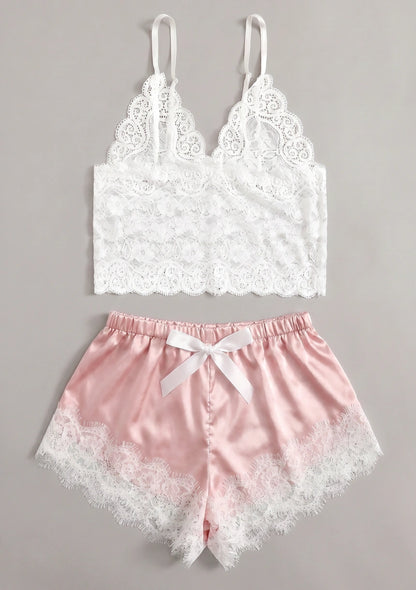 Spitzenbesatz Top und Shorts Pyjama Set