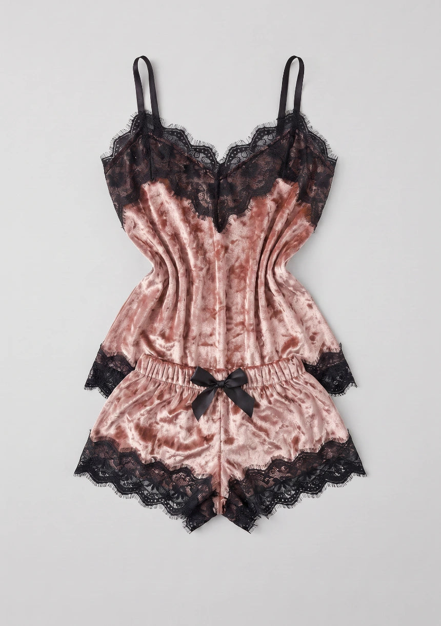 Damen Velour-Pyjamas mit Spitze