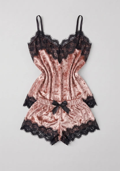 Damen Velour-Pyjamas mit Spitze