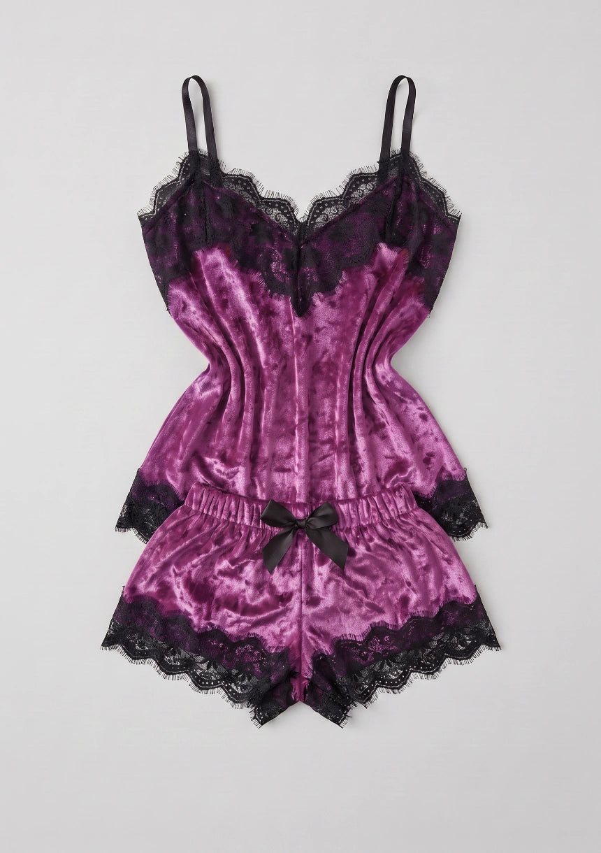 Damen Velour-Pyjamas mit Spitze
