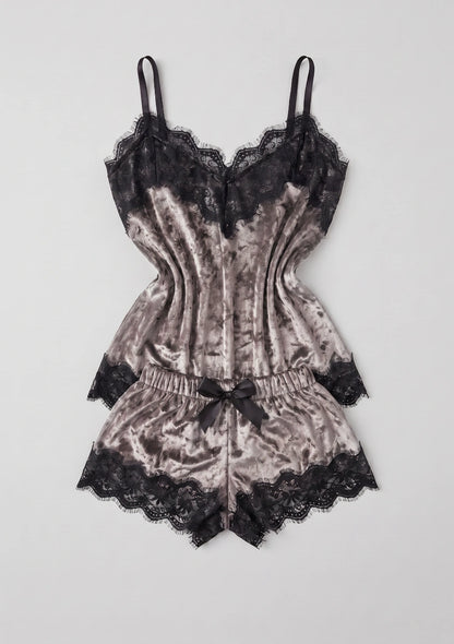 Damen Velour-Pyjamas mit Spitze