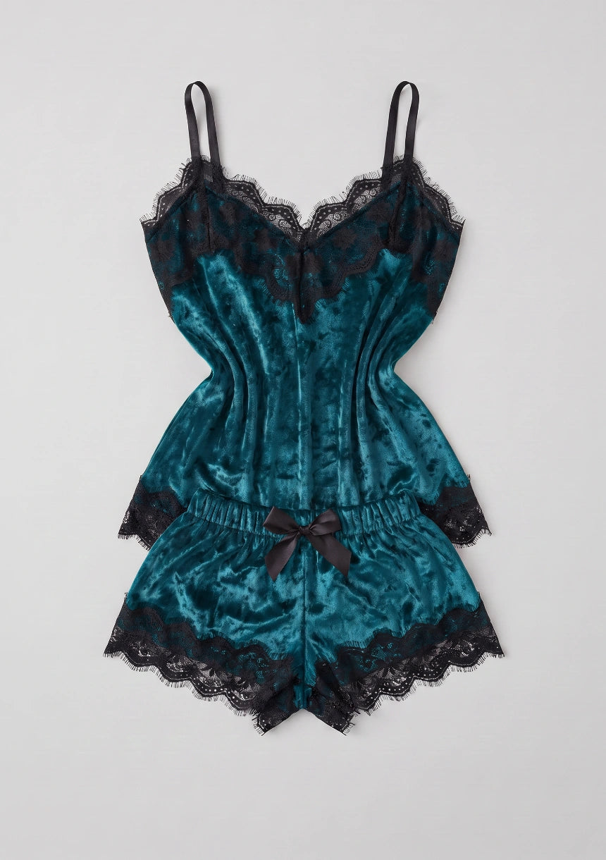 Damen Velour-Pyjamas mit Spitze