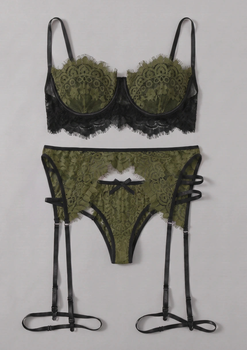 3-teiliges Spitzen-Lingerie-Set mit Oberschenkelbändern