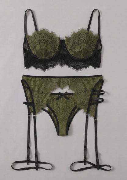 3-teiliges Spitzen-Lingerie-Set mit Oberschenkelbändern