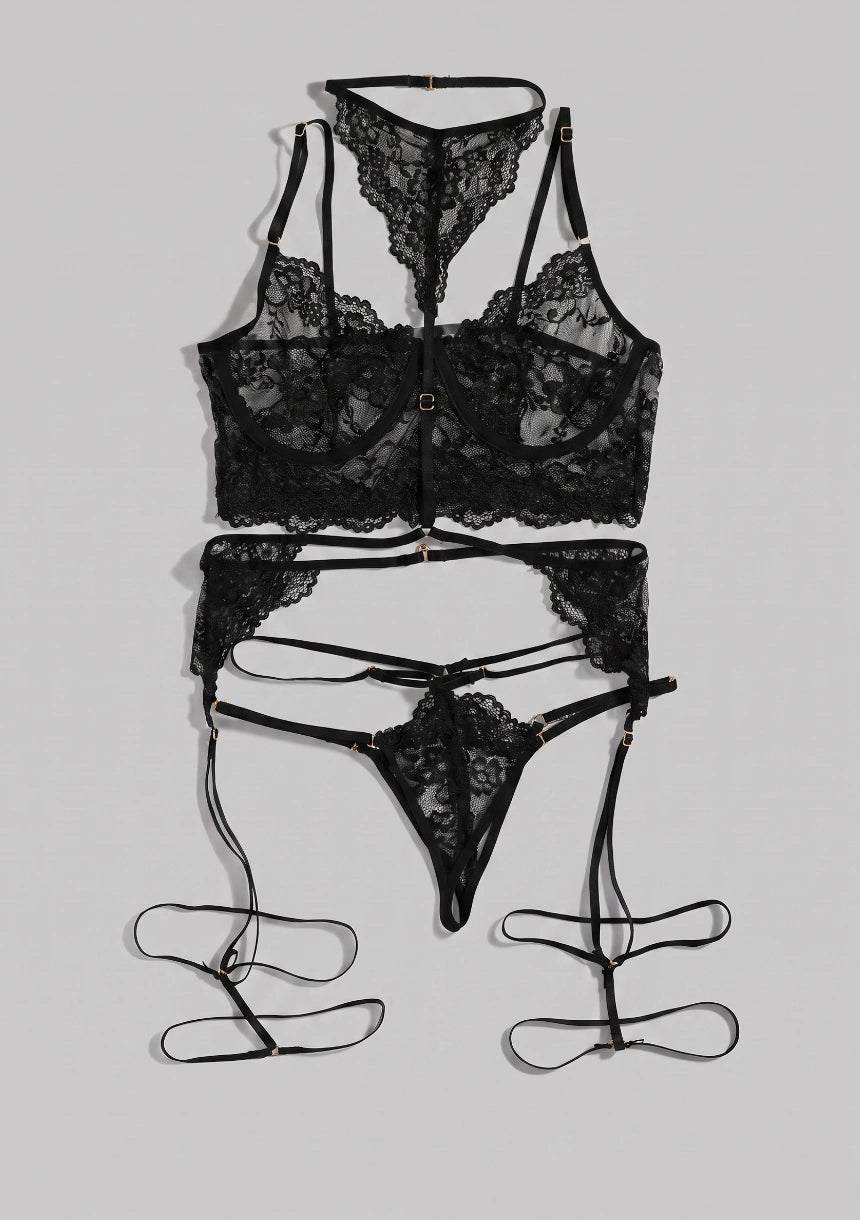 Spitzen-Lingerie-Set mit Choker und dekorativen Trägern