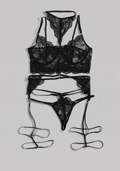 Spitzen-Lingerie-Set mit Choker und dekorativen Trägern