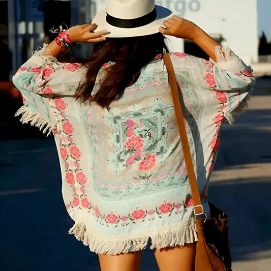 Multicoloured Fringed Beach Kimono