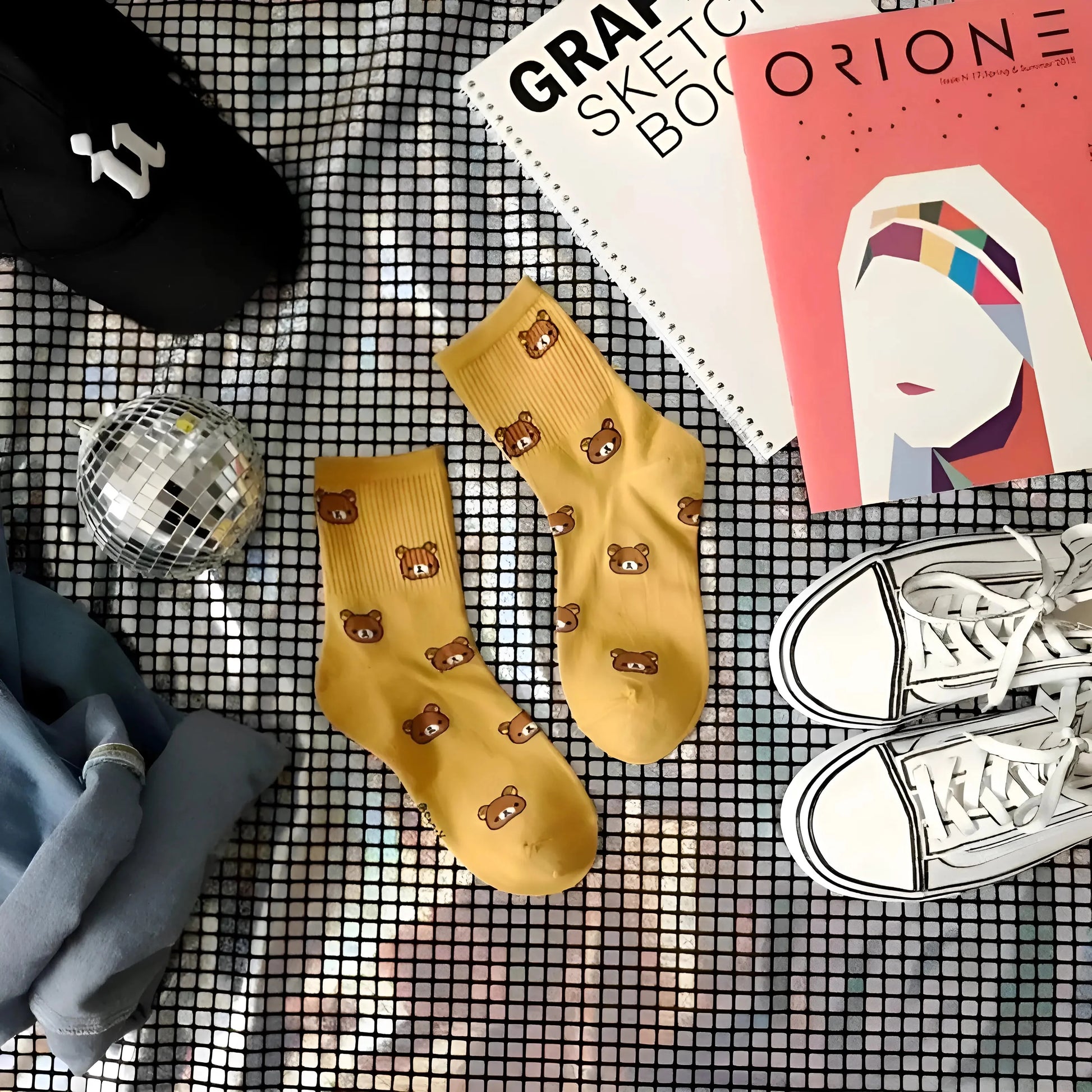 Mustard Ankle Socks with Bear Design