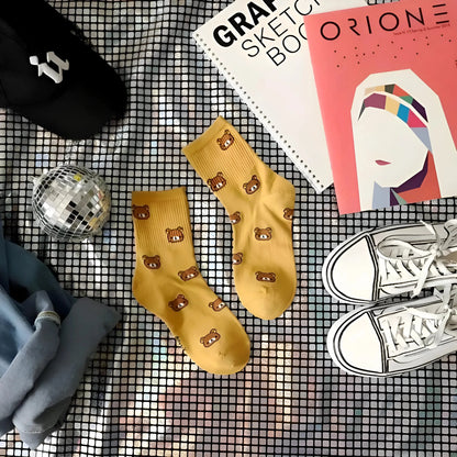 Mustard Ankle Socks with Bear Design