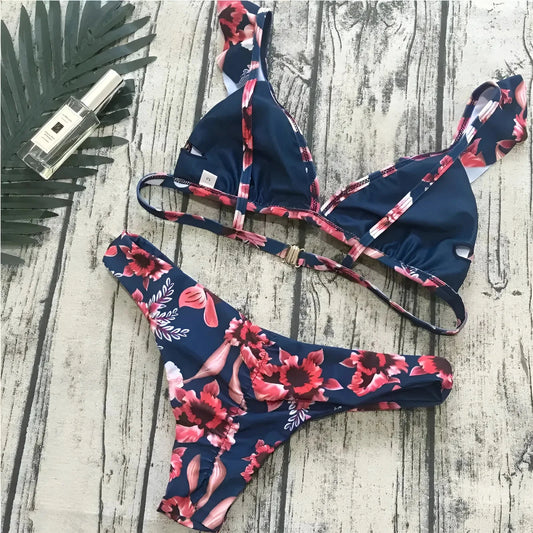 Navy Floral Print Two-Piece Swimsuit