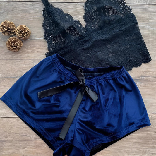 Navy Lace Top Two-Piece Pyjama Set