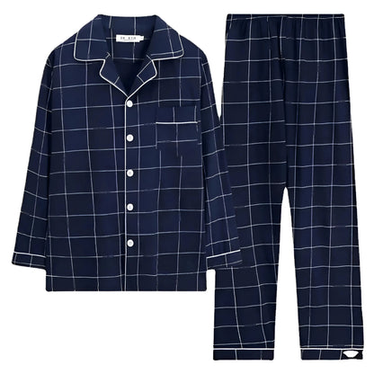 Navy Men's Long Pyjama Set with Buttons