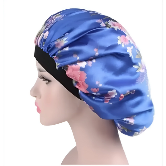 Navy Satin Floral Sleep Cap