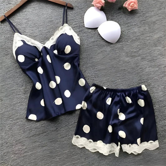 Navy Silk Polka Dot Pyjama Set