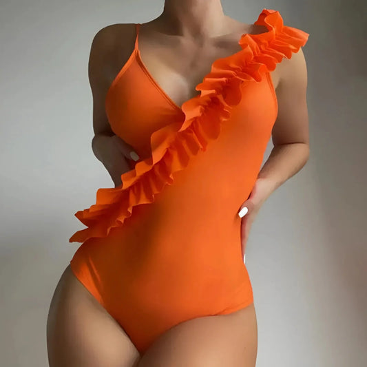 One-Piece Swimsuit with Ruffles and Ties