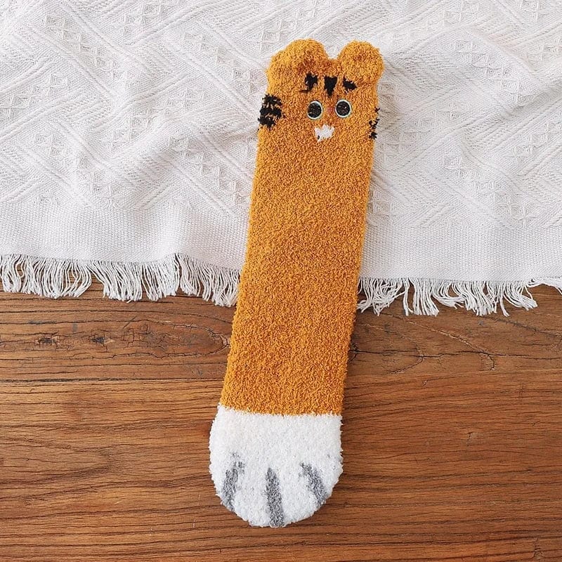 Orange Flauschige Damensocken mit Katzenmotiv