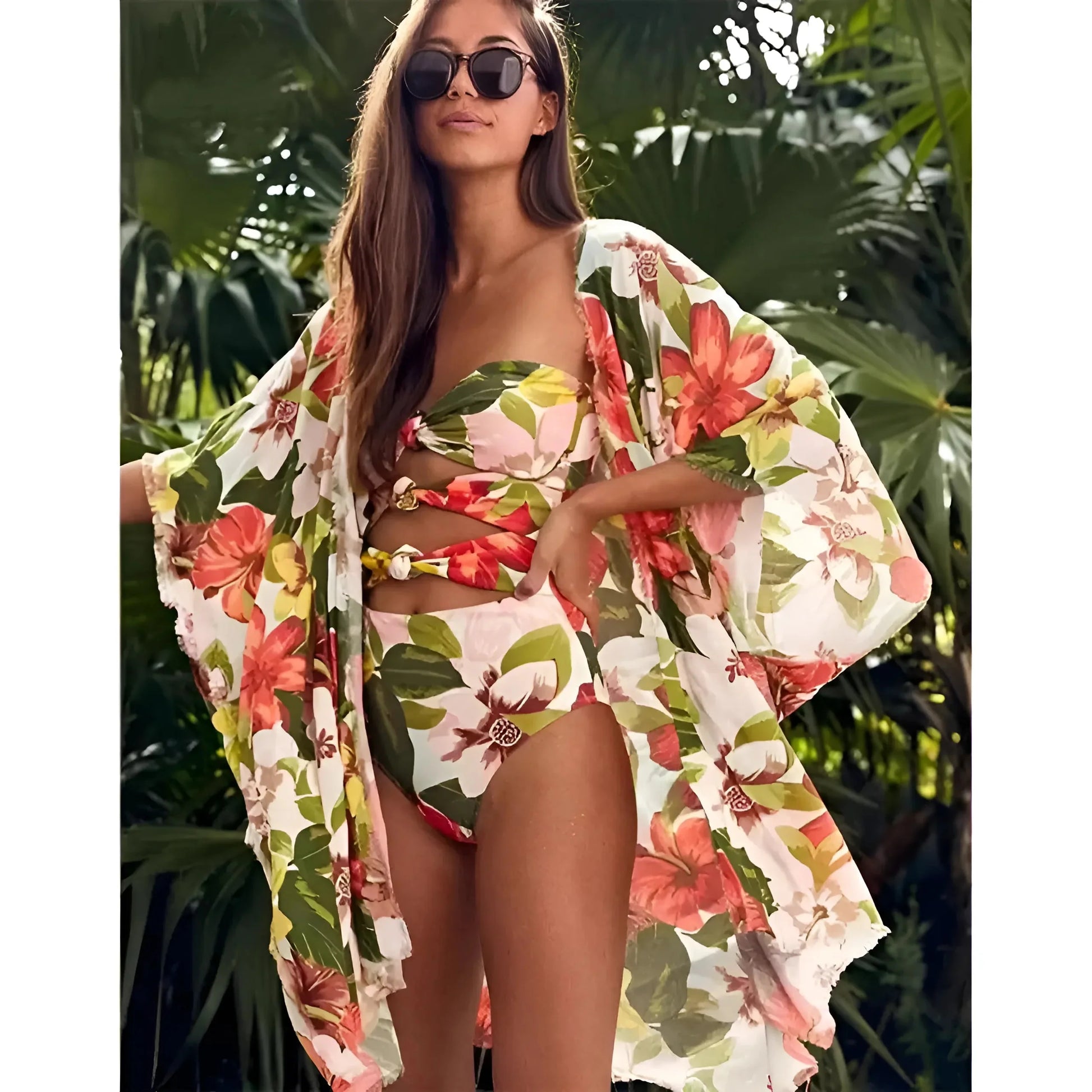 Orange Floral Print Beach Kimono