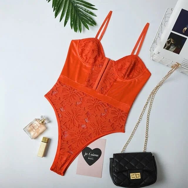 Orange Spitzen-Bodysuit mit Verschluss vorne