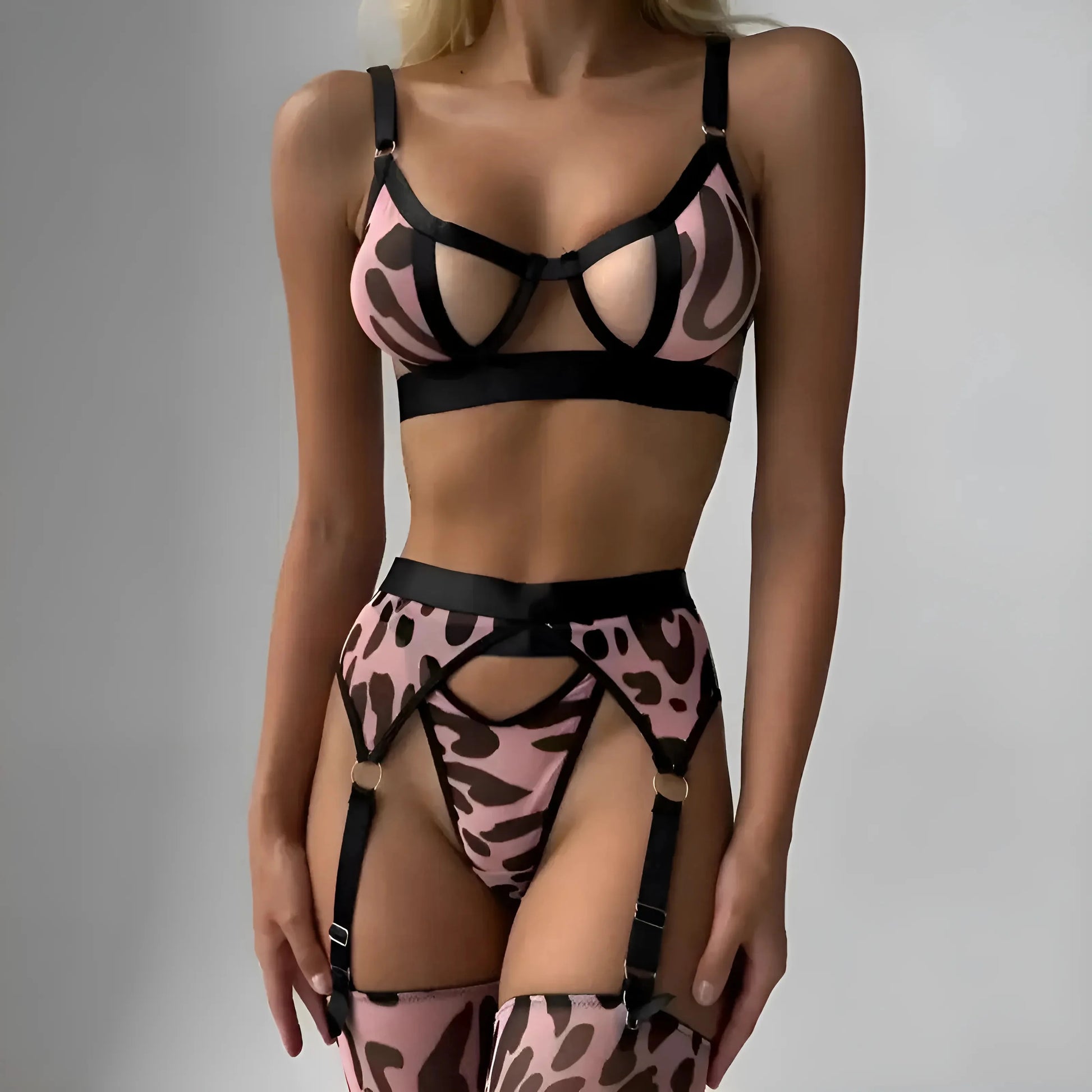 Panther Print Lingerie Set with Stockings