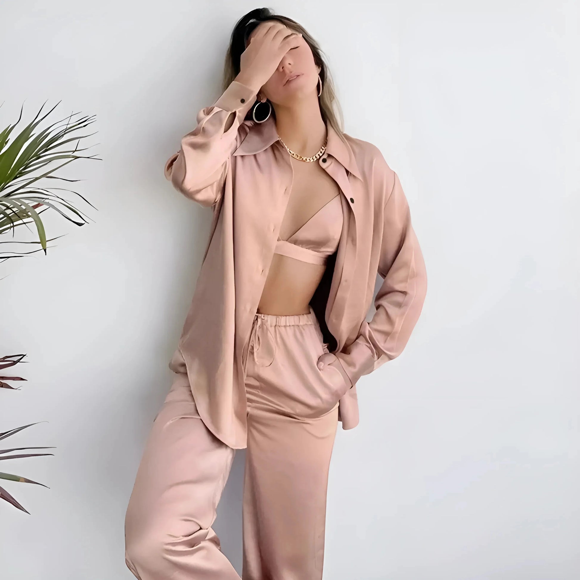 Pink 3-piece long satin pyjama set