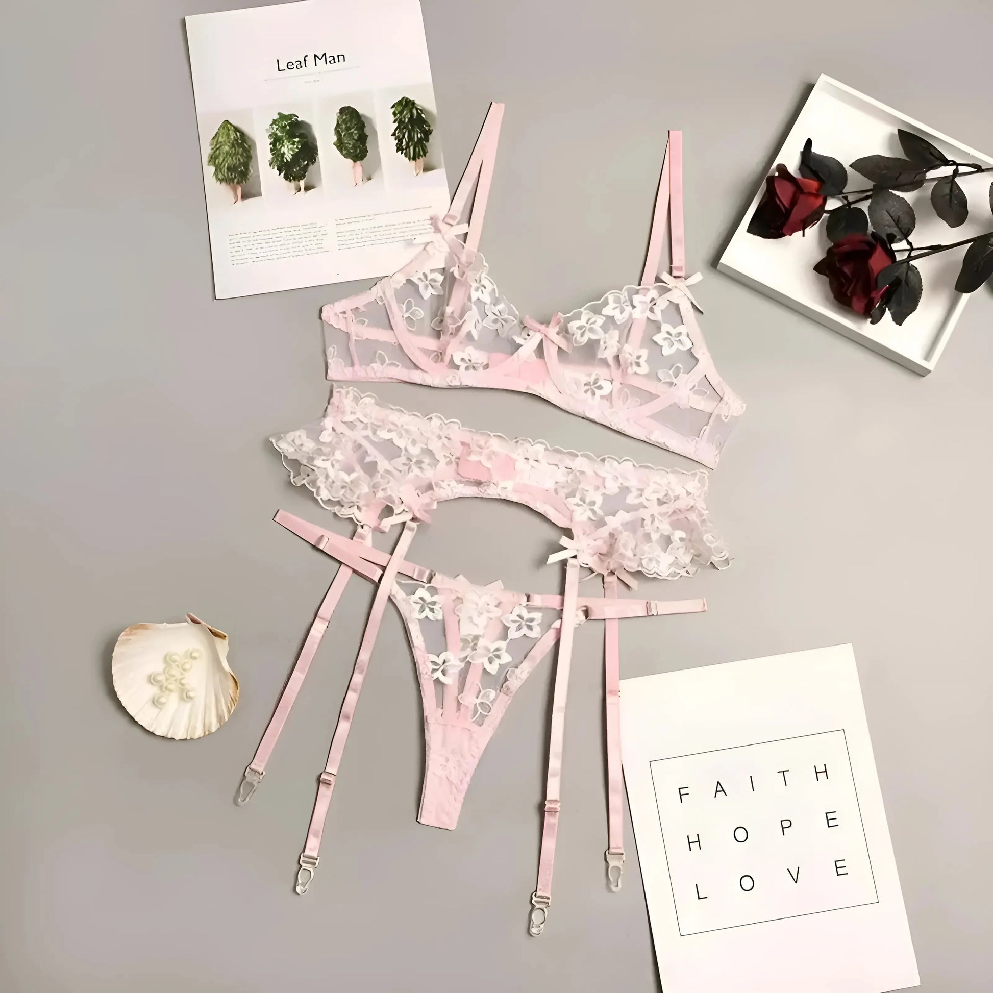 Pink Floral Lace Lingerie Set