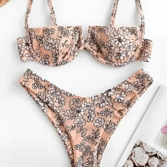 Pink Floral Print Two-Piece Swimsuit