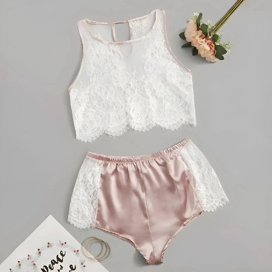 Pink Lace Top Women's Pyjama Set