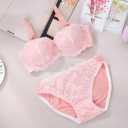 Pink Lace Trim Lingerie Set