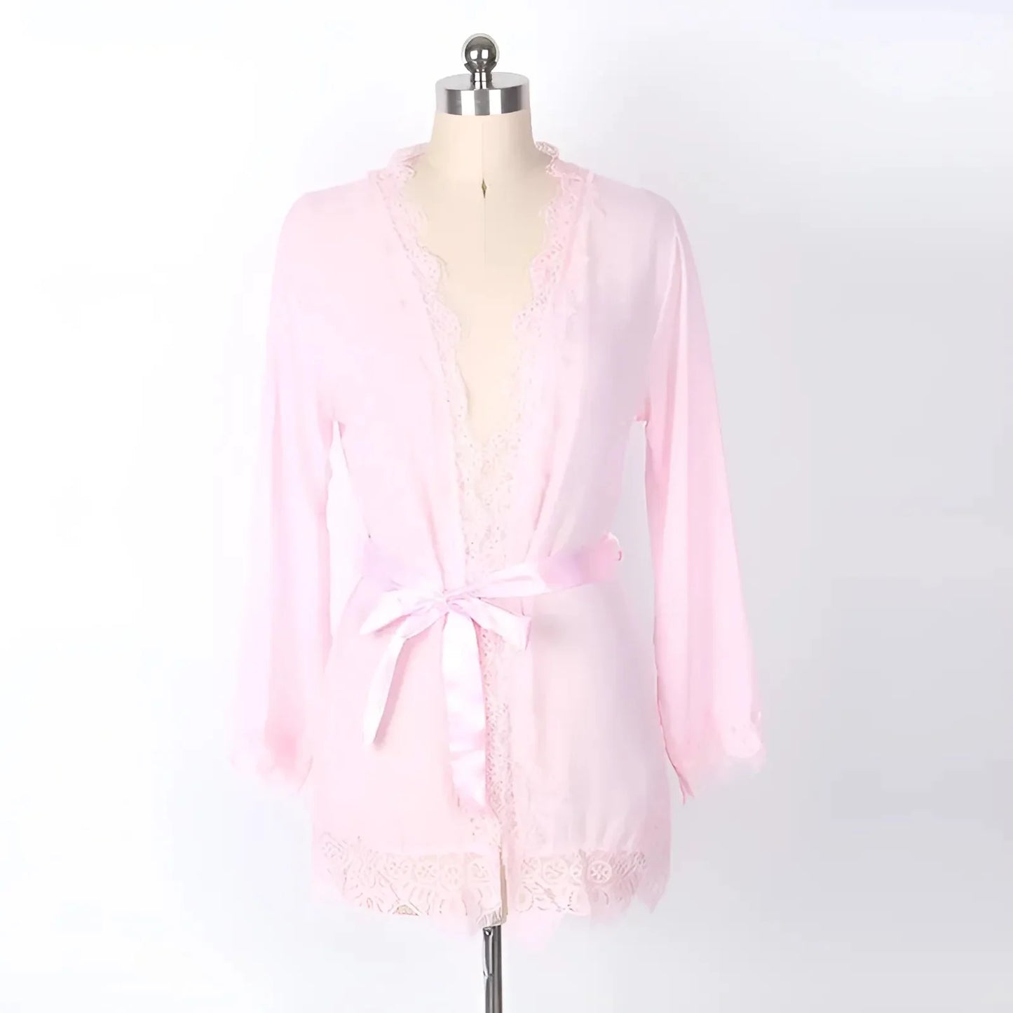 Pink Lace Trimmed Robe Peniuar