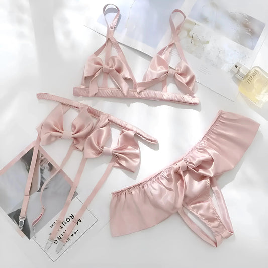 Pink Lingerie Set with Suspender Belt and Bows