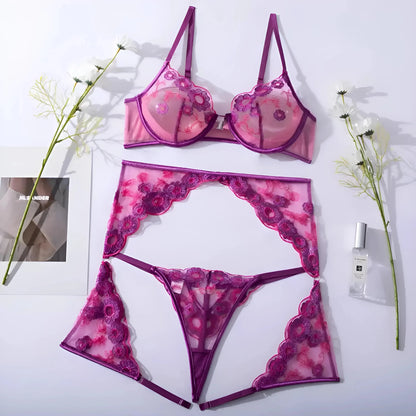 Purple 3-Piece Lingerie Set with Floral Lace