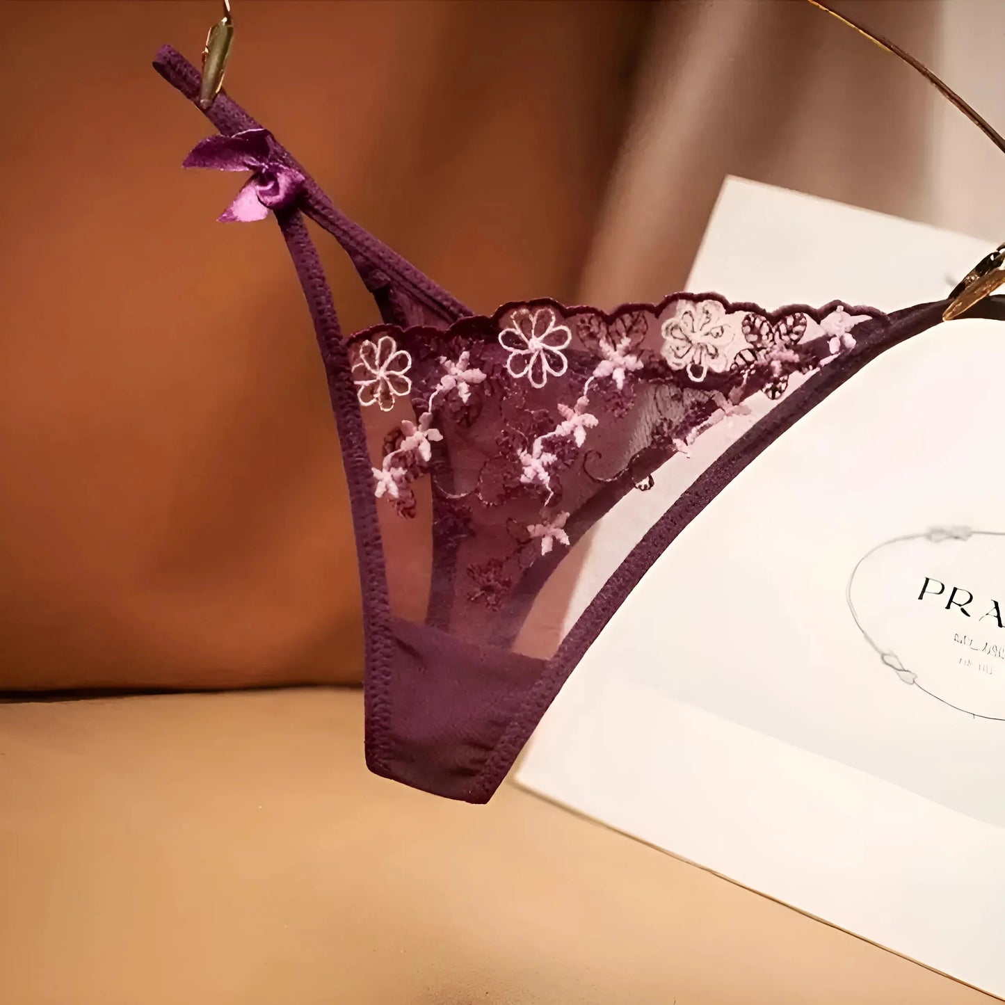 Purple Lace String Thong with Bow