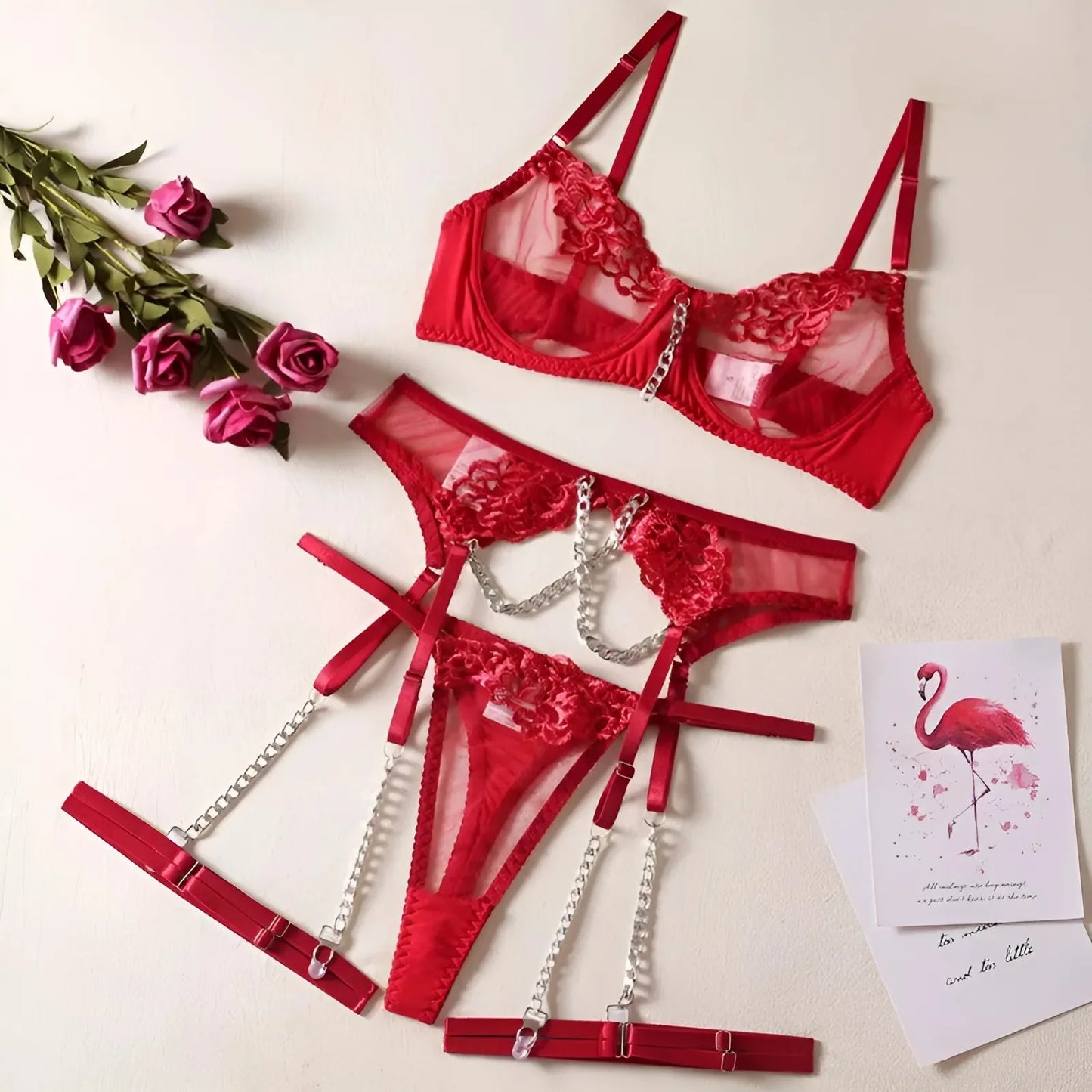 Red 3-Piece Lace Lingerie Set with Chains