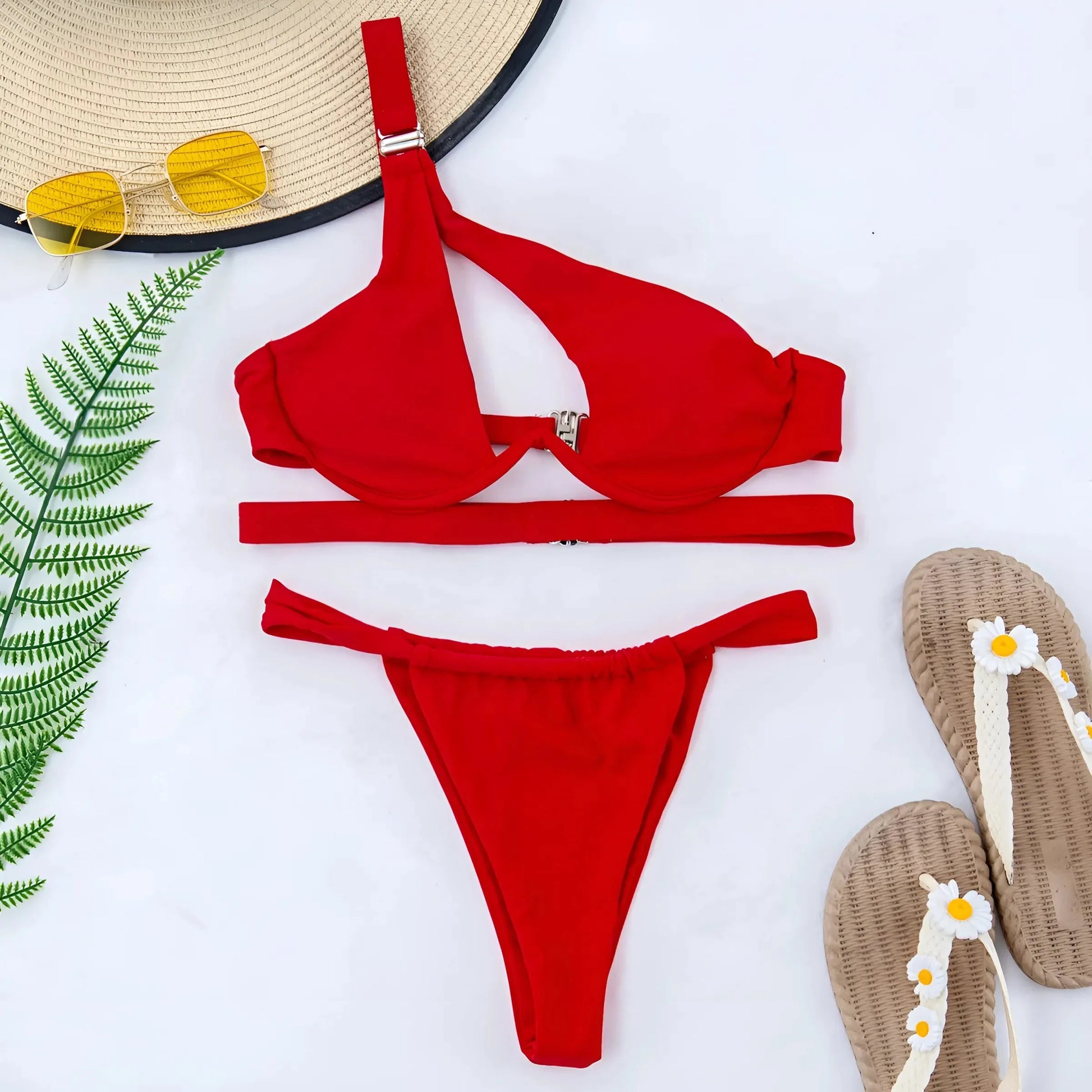 Red Asymmetrical Bikini with Shoulder Buckle