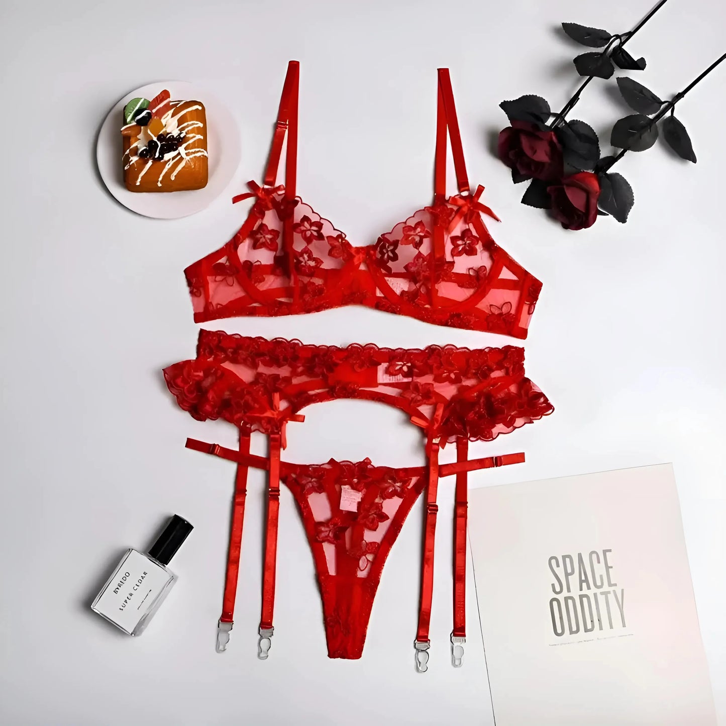 Red Floral Lace Lingerie Set