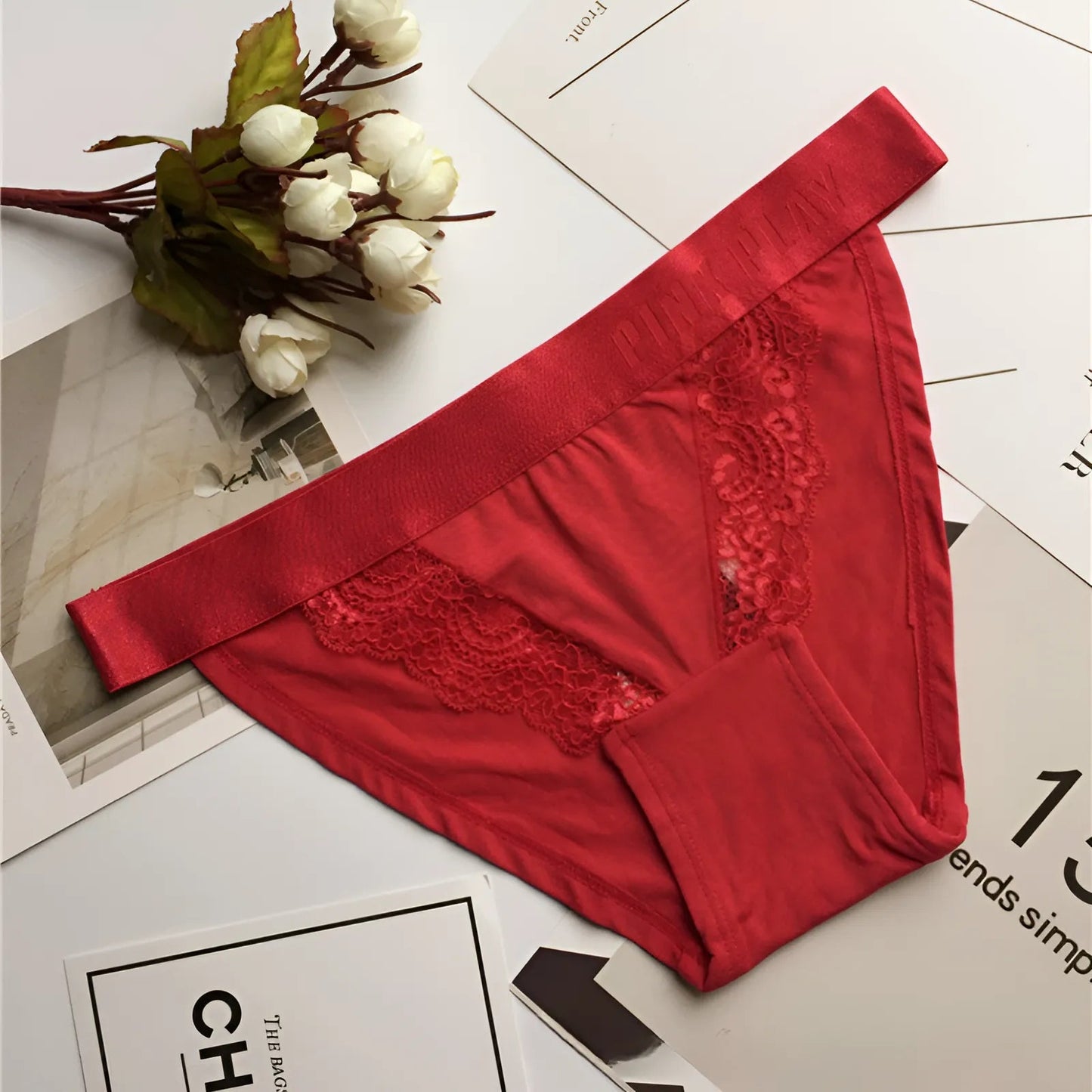 Red Lace Knickers with Elastic Waistband