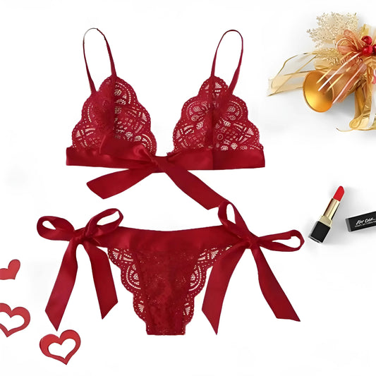 Red Lace Lingerie Set with Bows