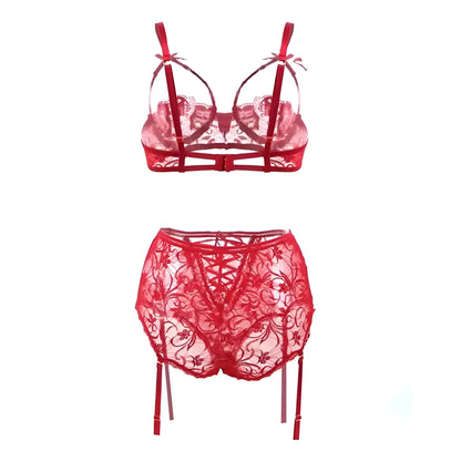 Red Lace Lingerie Set with Decorative Ties in Plus Sizes